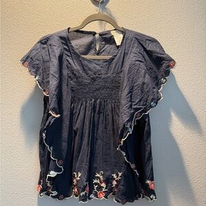 Main Strip Navy Blouse with Floral Embroidery
